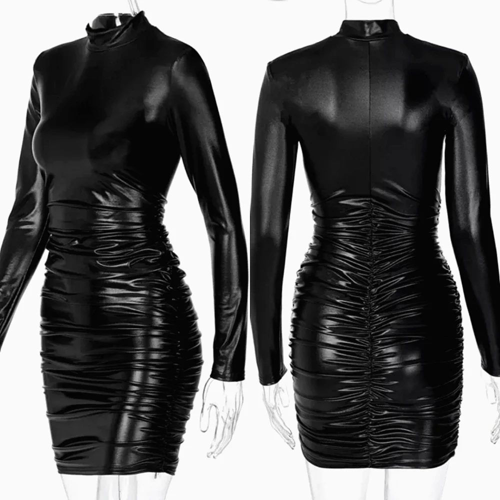 💎Women Long-Sleeve Ruched Black PU Leather Sexy Club Dress💎 - Picture 2 of 3